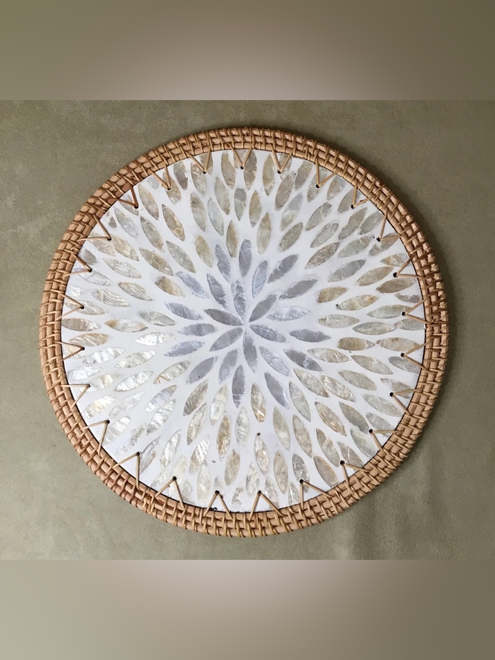 Brazil Station White Mother-of-Pearl Plate Charger with Handwoven Rattan Frame